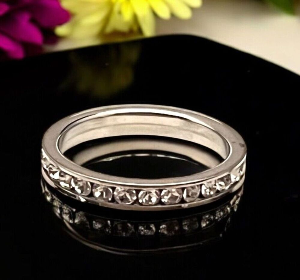 New Boutique Silver Ring Size 6.5 Stackable Band Clear Crystals - 2P